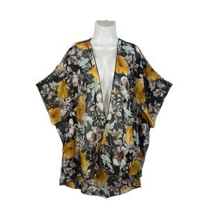 Emory Park Women’s XL Black Sheer Yellow Floral Kimono Cover Up Open Front Boho